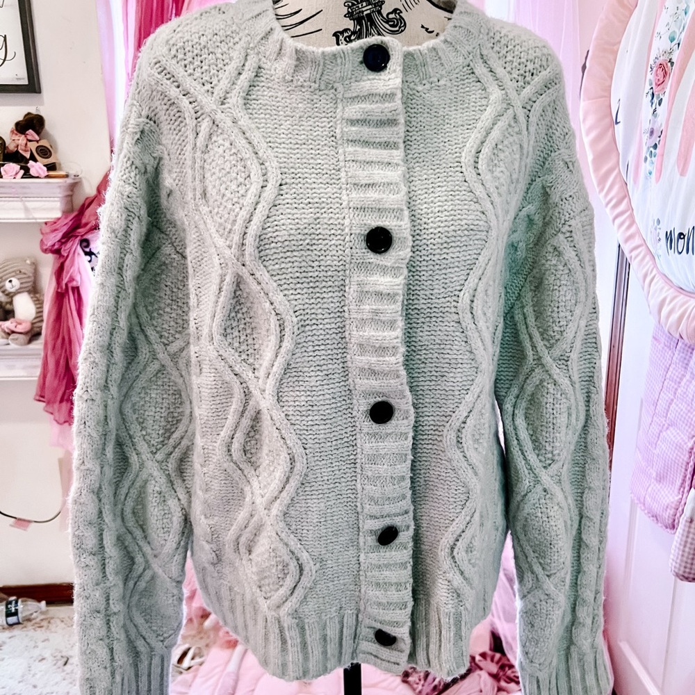 SHEIN Gray Cable Knit Cardigan Sweater